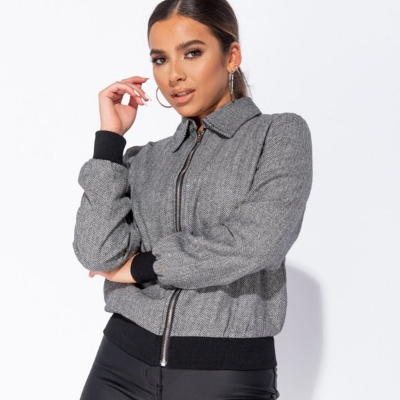 Gray Herringbone Tweed Long Sleeve Bomber Jacket - Picture 2 of 11